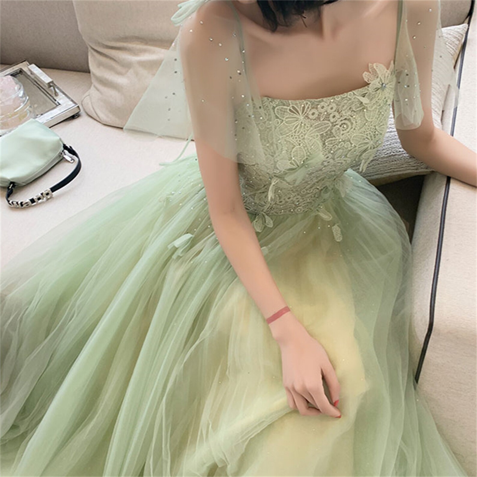 Green Prom Dress Long Lace Floral Top Prom Dress Bridal Gown Etsy