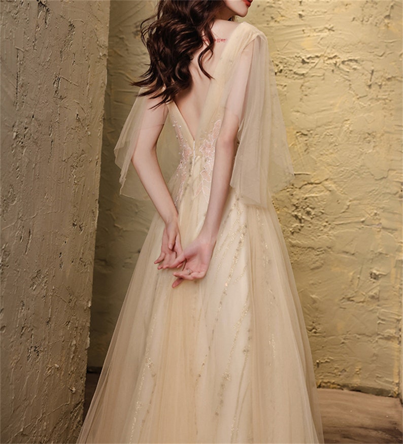 Champagne Prom Dress Long Lace Floral Gown Dress Deep V Ball Gown V