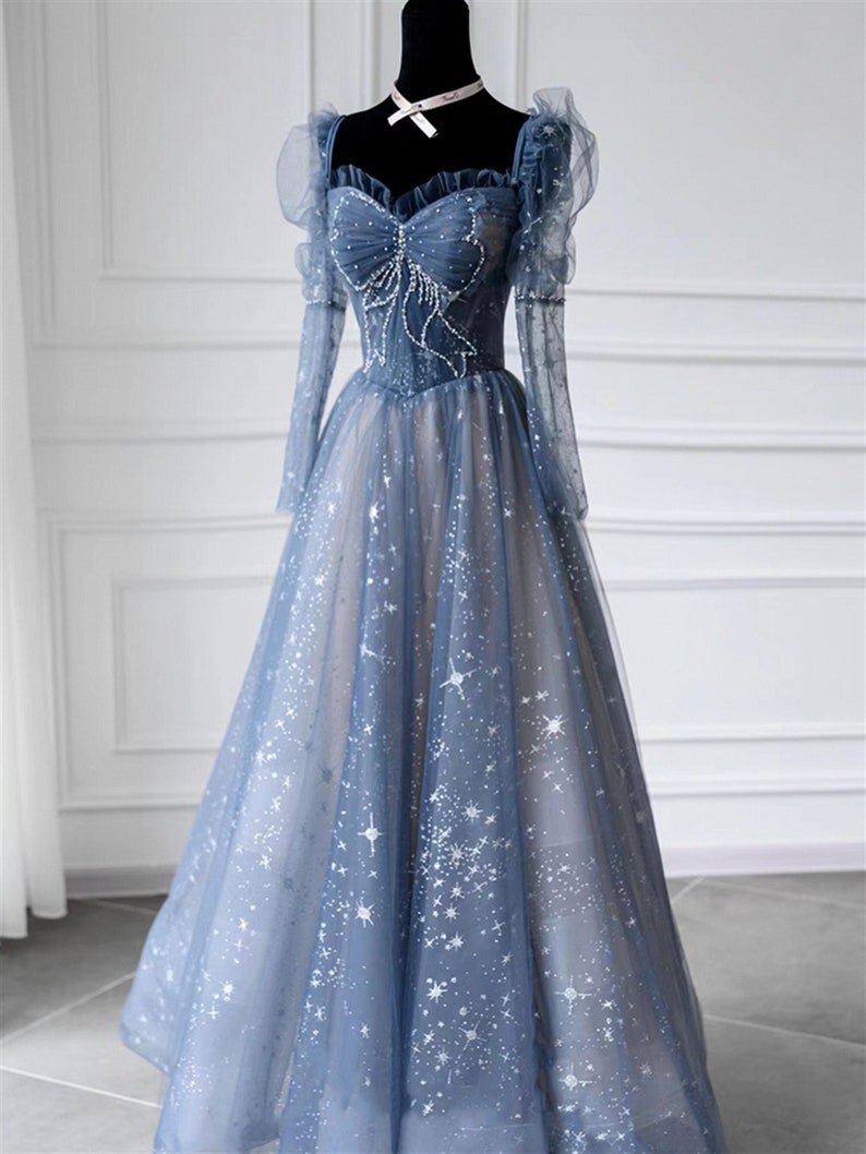 Blue prom dress long Fairy ball gown dress Long sleeves prom dress Sparkle rhinestone dress Romantic star print evening dress Crossed straps image 1