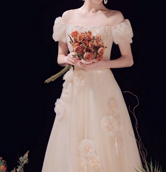 Light Champagne Prom Dress Short Puffy Sleeve Pearled Wedding