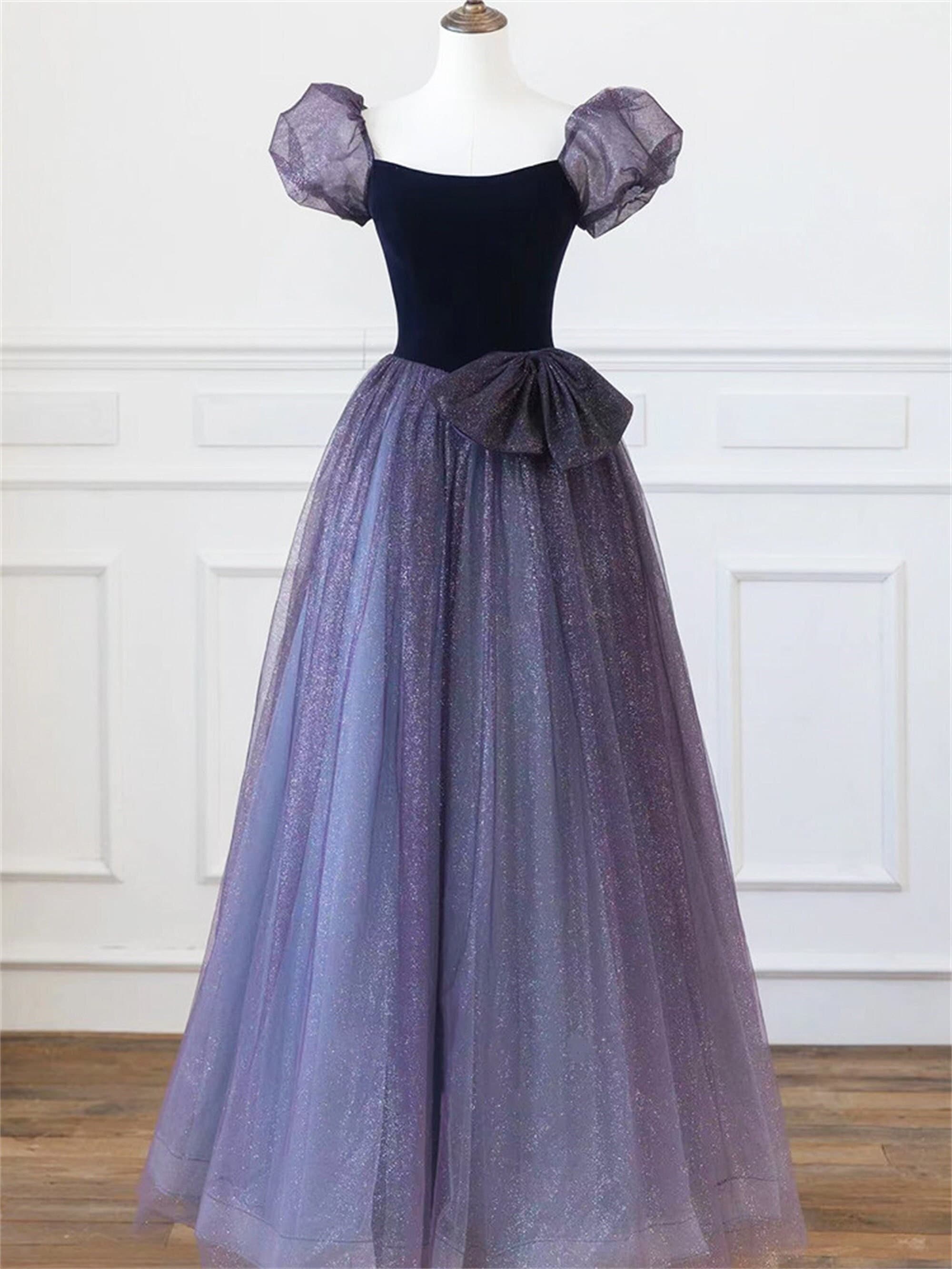 Charming Off Shoulder Dark Purple Tulle Long Prom Dresses with Sequins –  Shiny Party