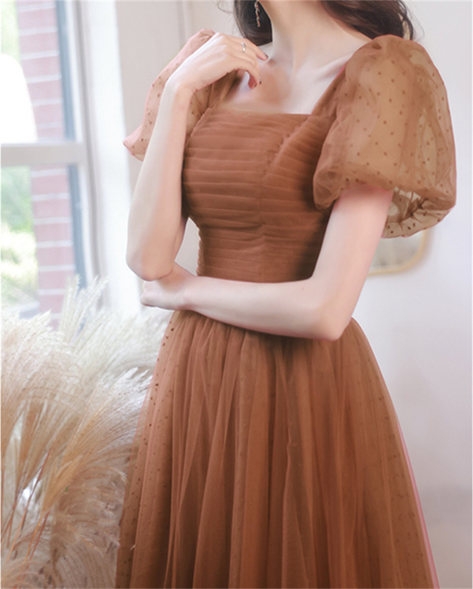 Caramel Prom Dress Long Custom Dress Short Puffy Sleeve Fairy Etsy