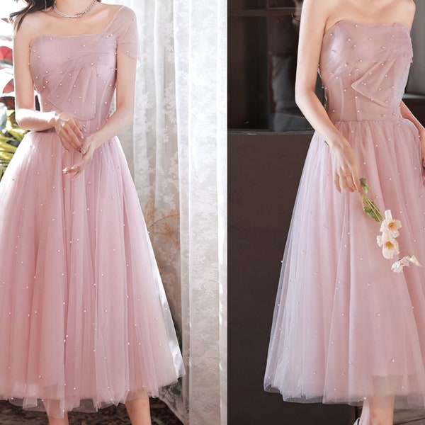 Short Pink Tulle Prom Dress with Pearl Elegant Prom Dress Fairy Prom Dress Custom Prom Dress Princess Prom Dress Simple Bridesmaid Dress