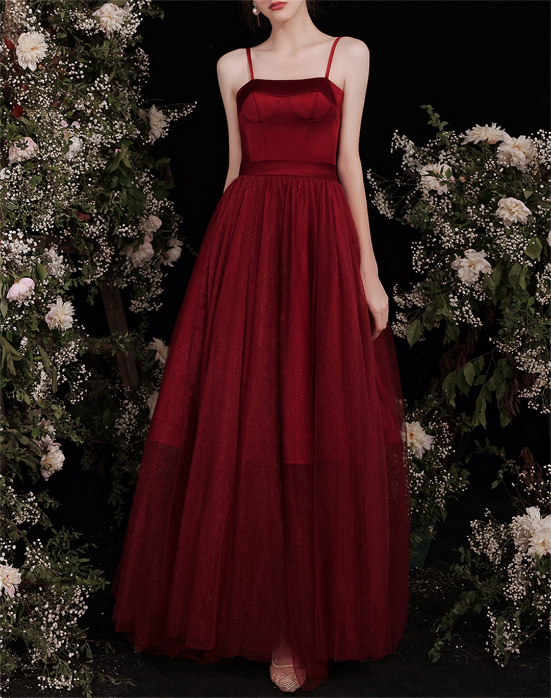 Burgundy spaghetti clearance strap prom dress