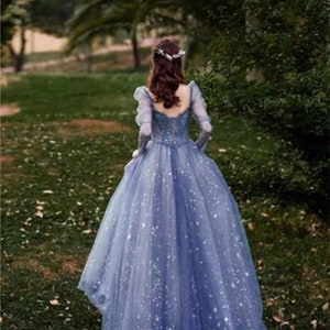 Blue prom dress long Fairy ball gown dress Long sleeves prom dress Sparkle rhinestone dress Romantic star print evening dress Crossed straps image 7