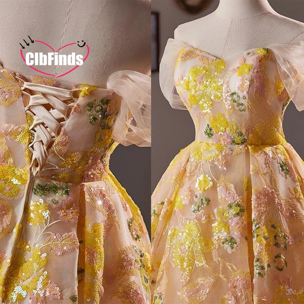 Off the shoulder Yellow floral lace prom dress Short ball gown Bridesmaid dress party short dress Wedding dress Graduation dress Yellow gown