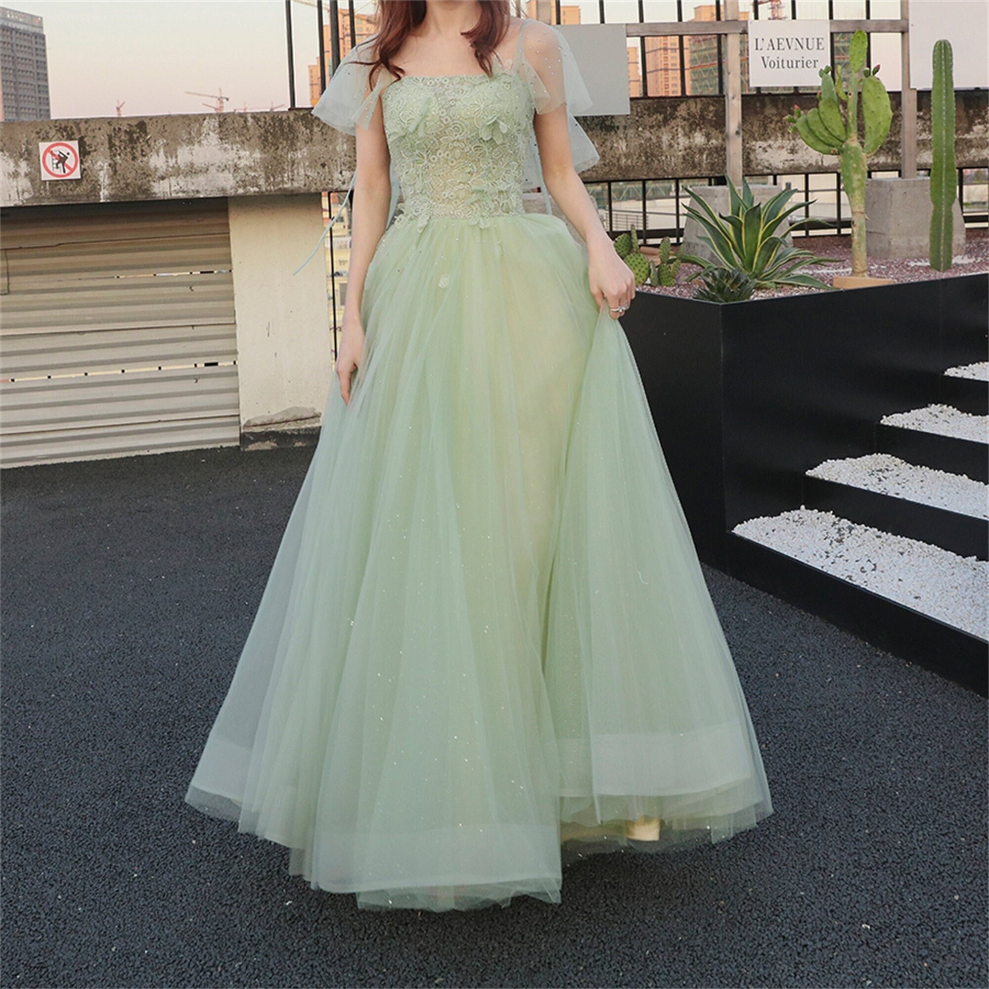 Elegant Mint Long Sleeves A-line Two Slit Long Dress Prom Gown | LizProm