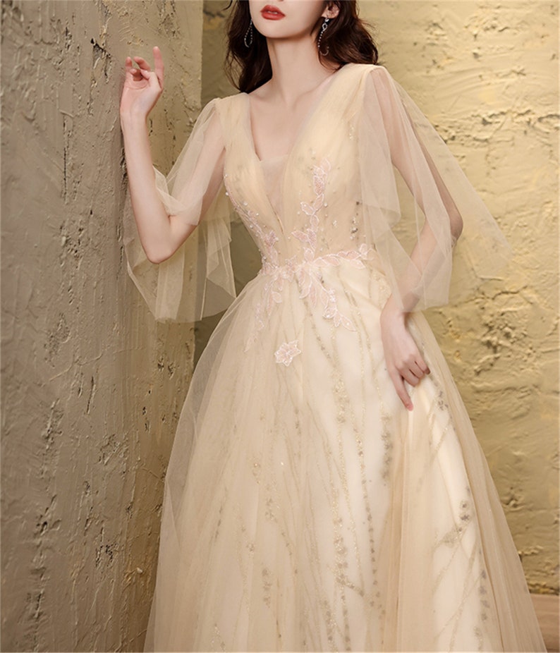 Champagne Prom Dress Long Lace Floral Gown Dress Deep V Ball Gown V