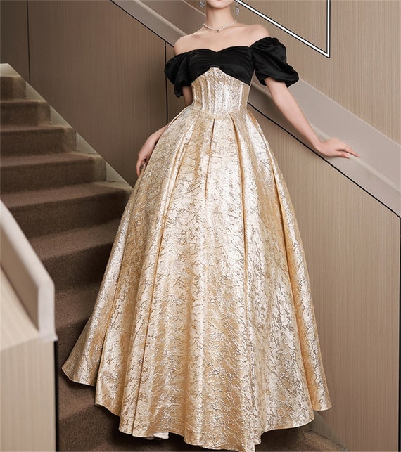 Buy Gold Ball Gown Black Top Prom Dress Elegant Princess Dress Gorgeous Short  Sleeve Graduation Gown Custom Semi Prom Dress Prom Dress for Women Online  in India 