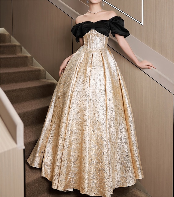 Buy Gold Ball Gown Black Top Prom Dress Elegant Princess Dress Gorgeous Short  Sleeve Graduation Gown Custom Semi Prom Dress Prom Dress for Women Online  in India 