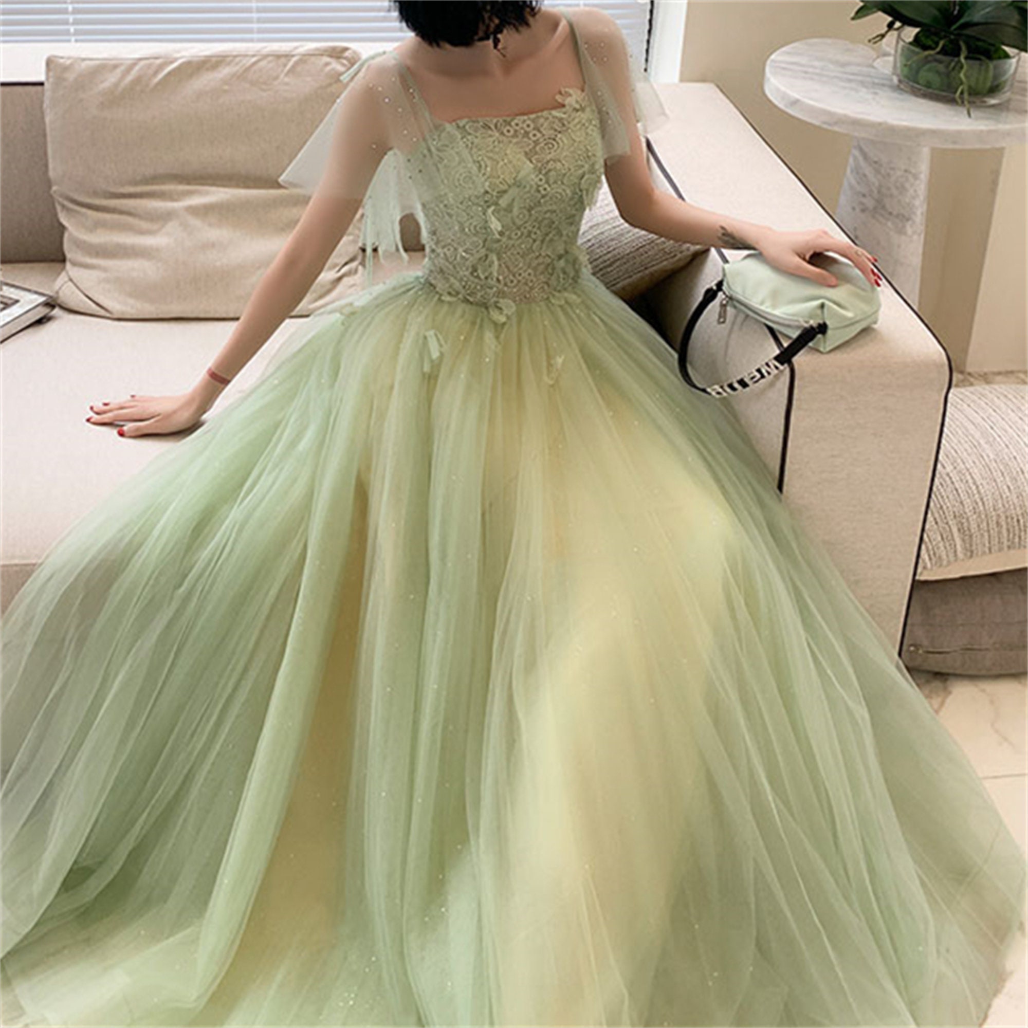 Green Prom Dress Long Lace Floral Top Prom Dress Bridal Gown Etsy