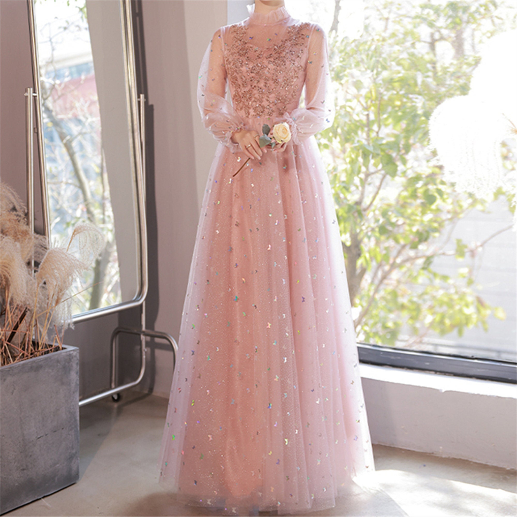 A Line Polka Dot Tulle Tea Length Pink Prom Dresses, Puff Sleeves Home –  shopluu