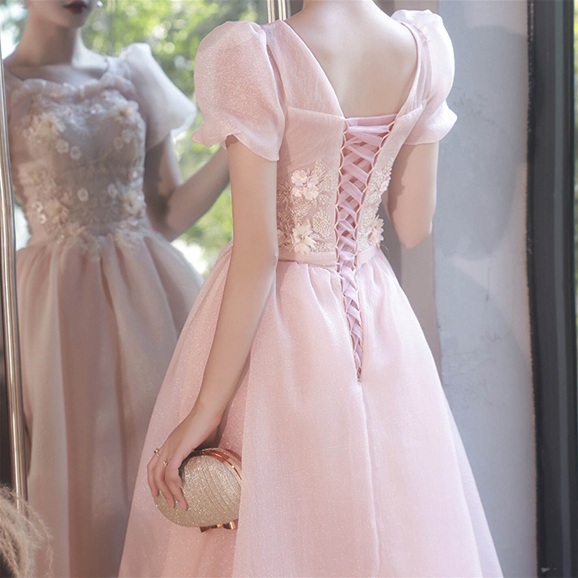 Baby Pink Prom Dress Long Beaded Dress Short Puffy Sleeve Ball Gown Lace Floral Dress Square Neck Graduation Gown Flower Evening Prom Dress Etsy Canada