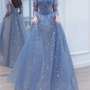 Blue prom dress long Fairy ball gown dress Long sleeves prom dress Sparkle rhinestone dress Romantic star print evening dress Crossed straps image 6