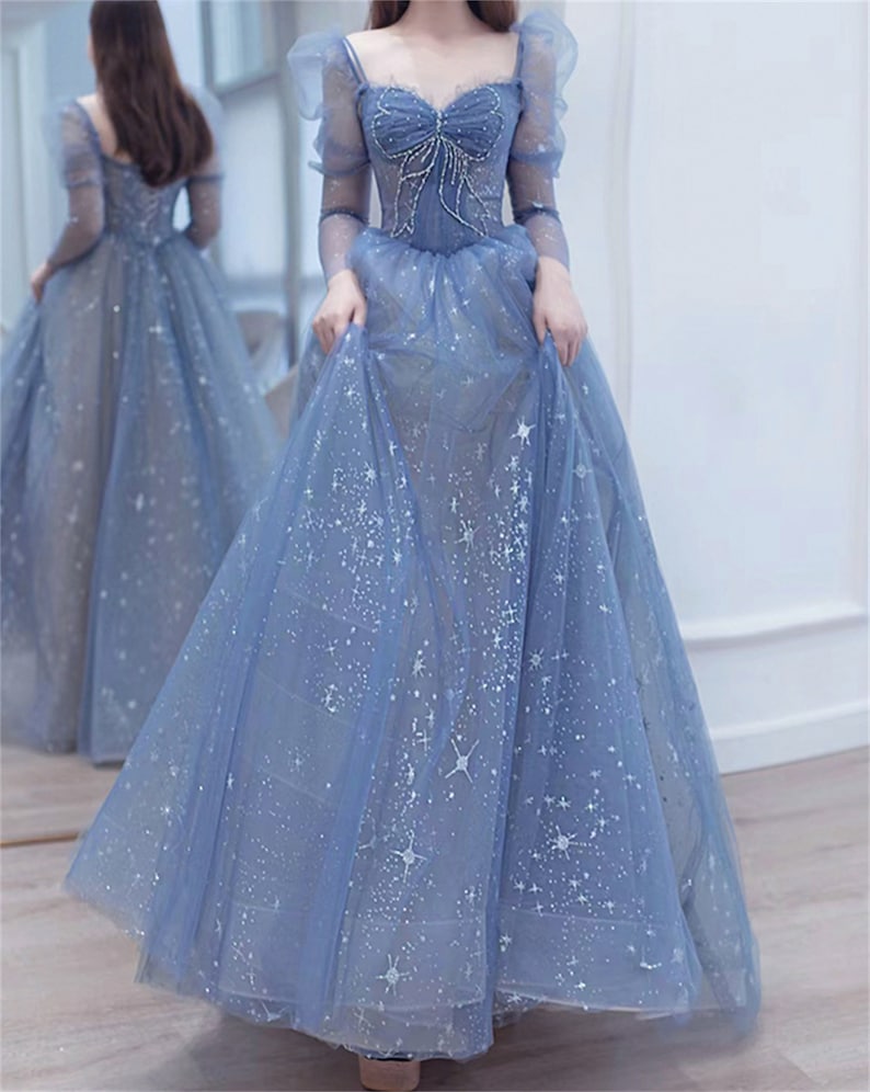Blue prom dress long Fairy ball gown dress Long sleeves prom dress Sparkle rhinestone dress Romantic star print evening dress Crossed straps image 6