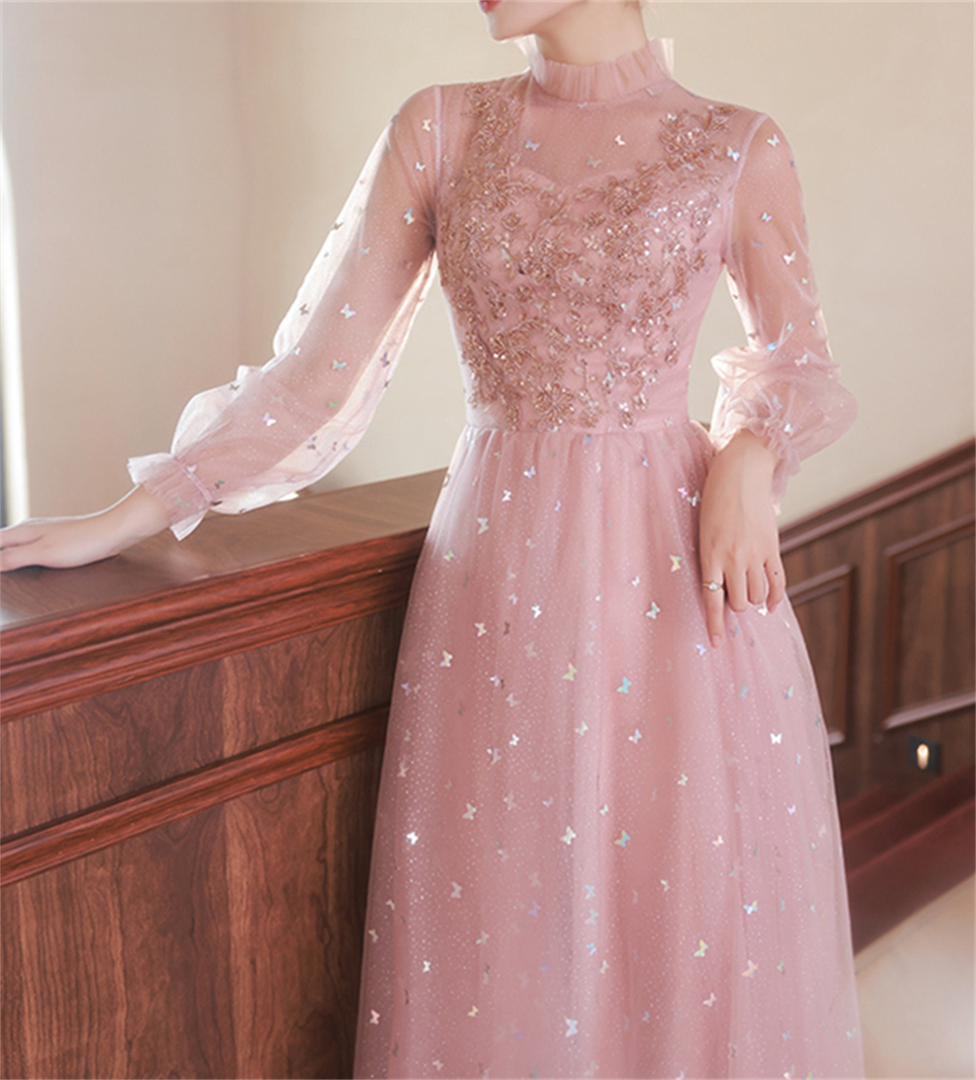 Pink Prom Dress Long Long Sleeve Dress Butterfly Sequins Birthday