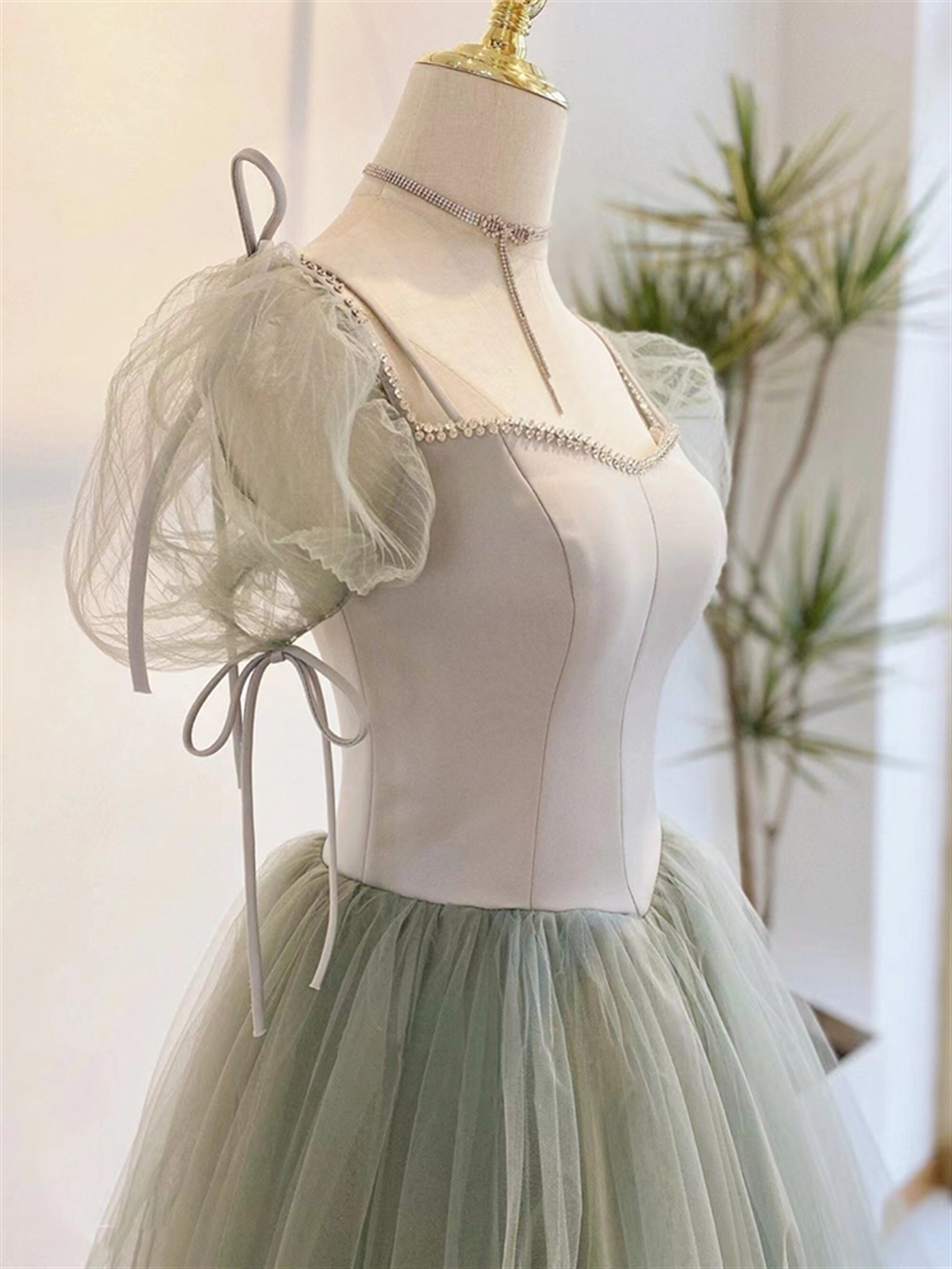 Vintage Sage Green Prom Dress Aline Princess Ball Gown Puffy