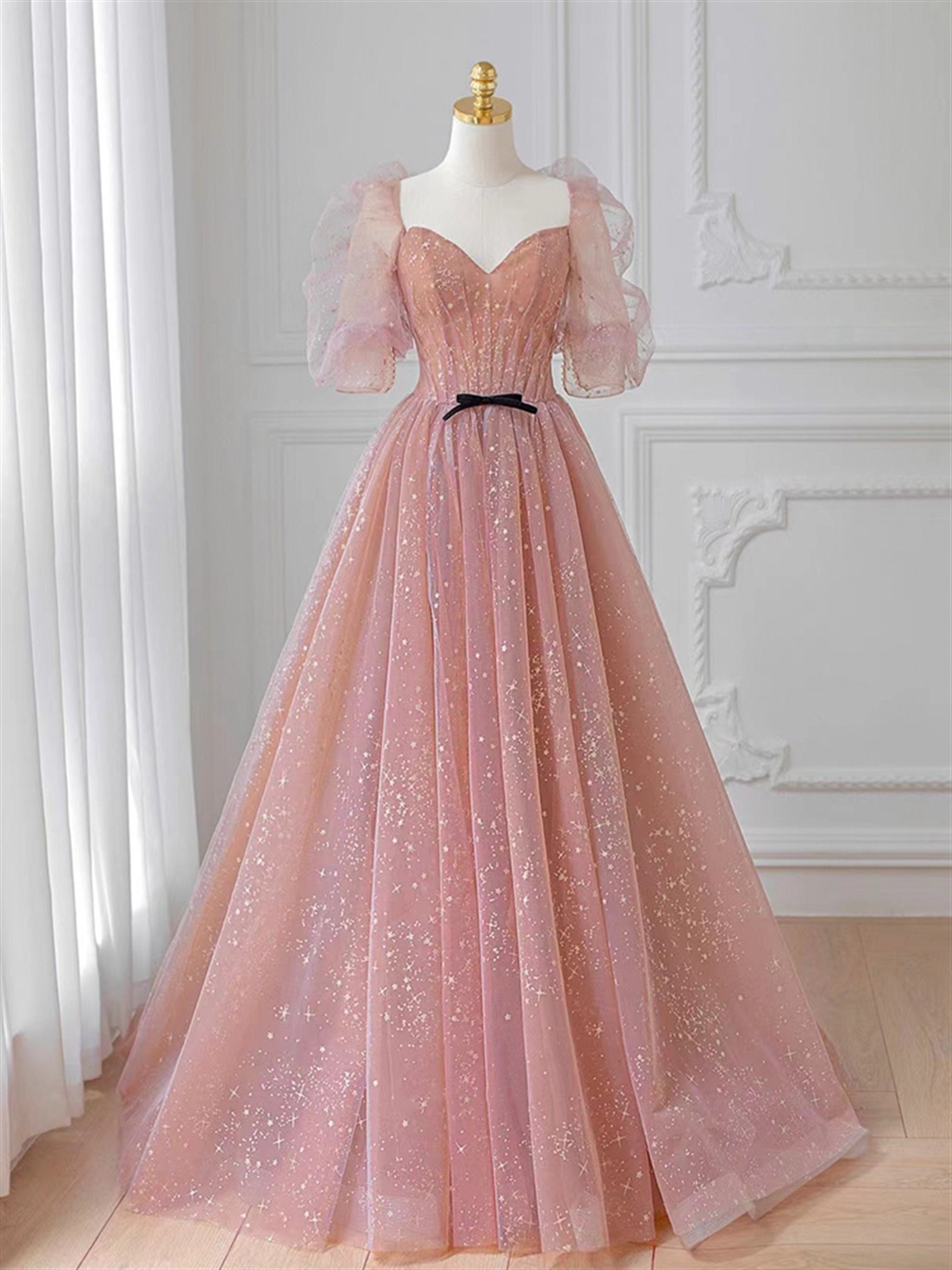 Cherry Pink Prom Dress Long Puffy Ball Gown Sparkle Silver Glitter
