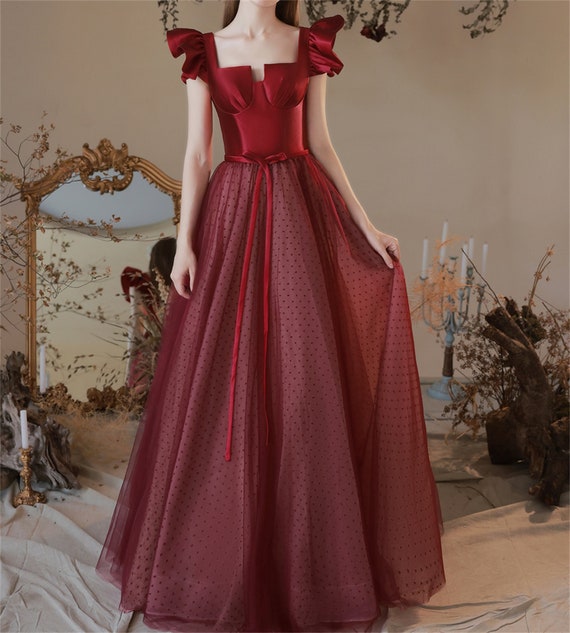 Burgundy Ball Gown Satin Long Sleeve Lace Drama Show Vintage Gown Dress