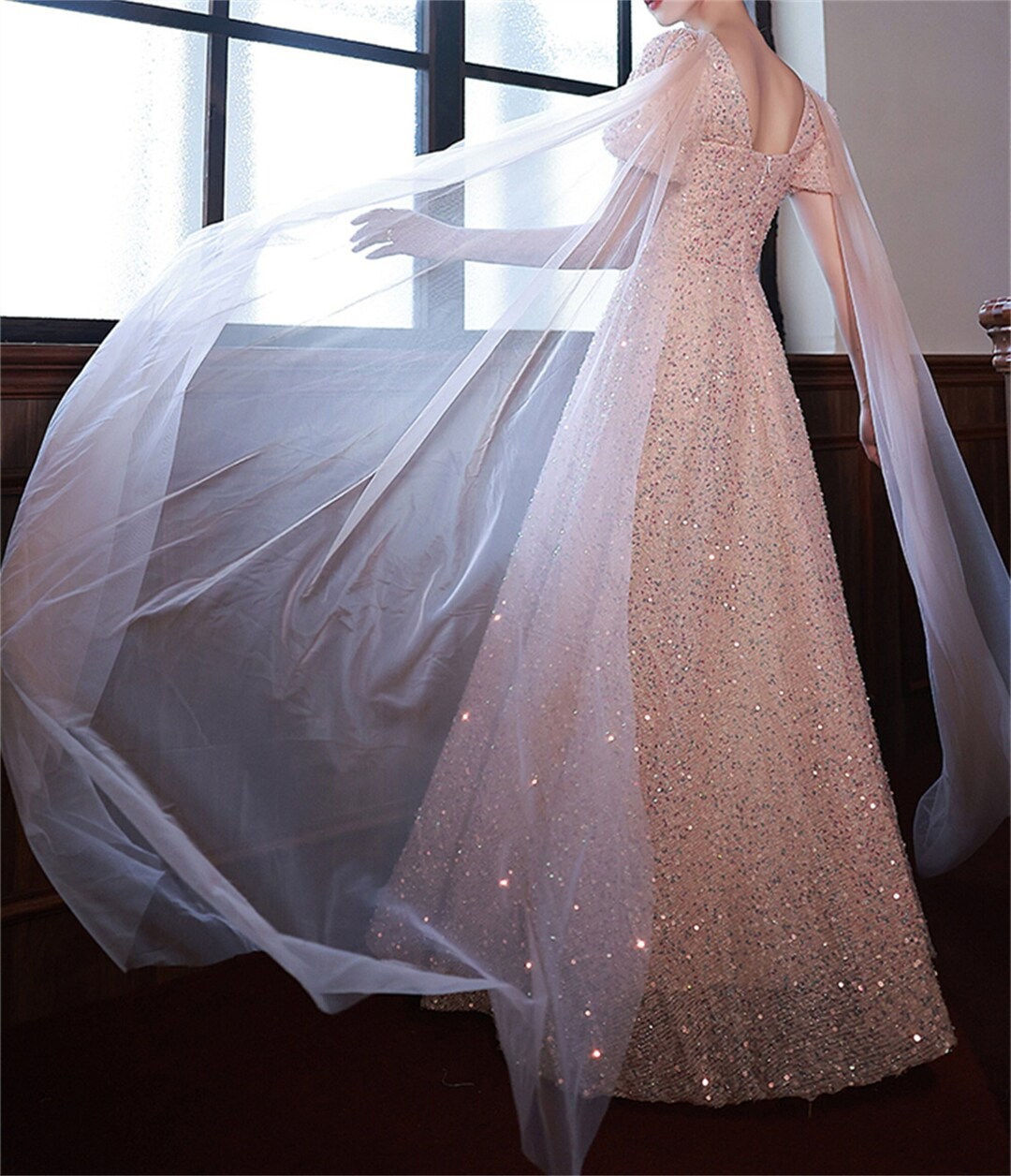 Pink Prom Dress Long Cape Formal Dress Sparkle Sequins Graduation Gown ...