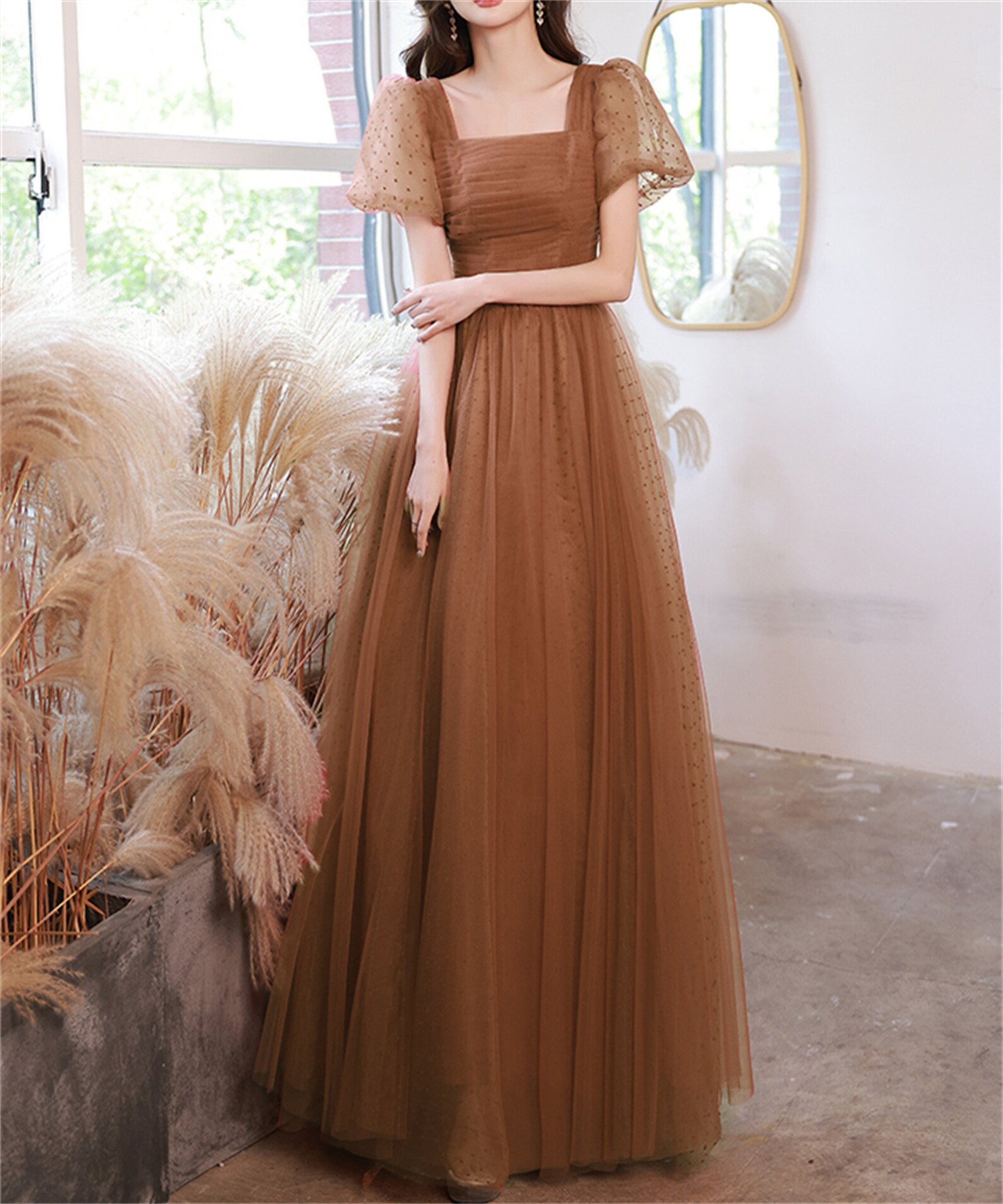 Caramel Prom Dress Long Custom Dress Short Puffy Sleeve Fairy Etsy