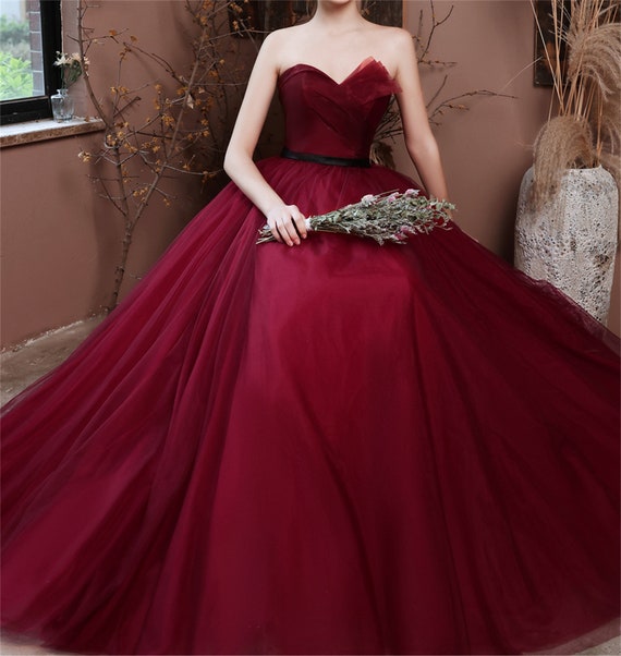 Burgundy Prom Dress Off the shoulder Ball Gown Irregular Design