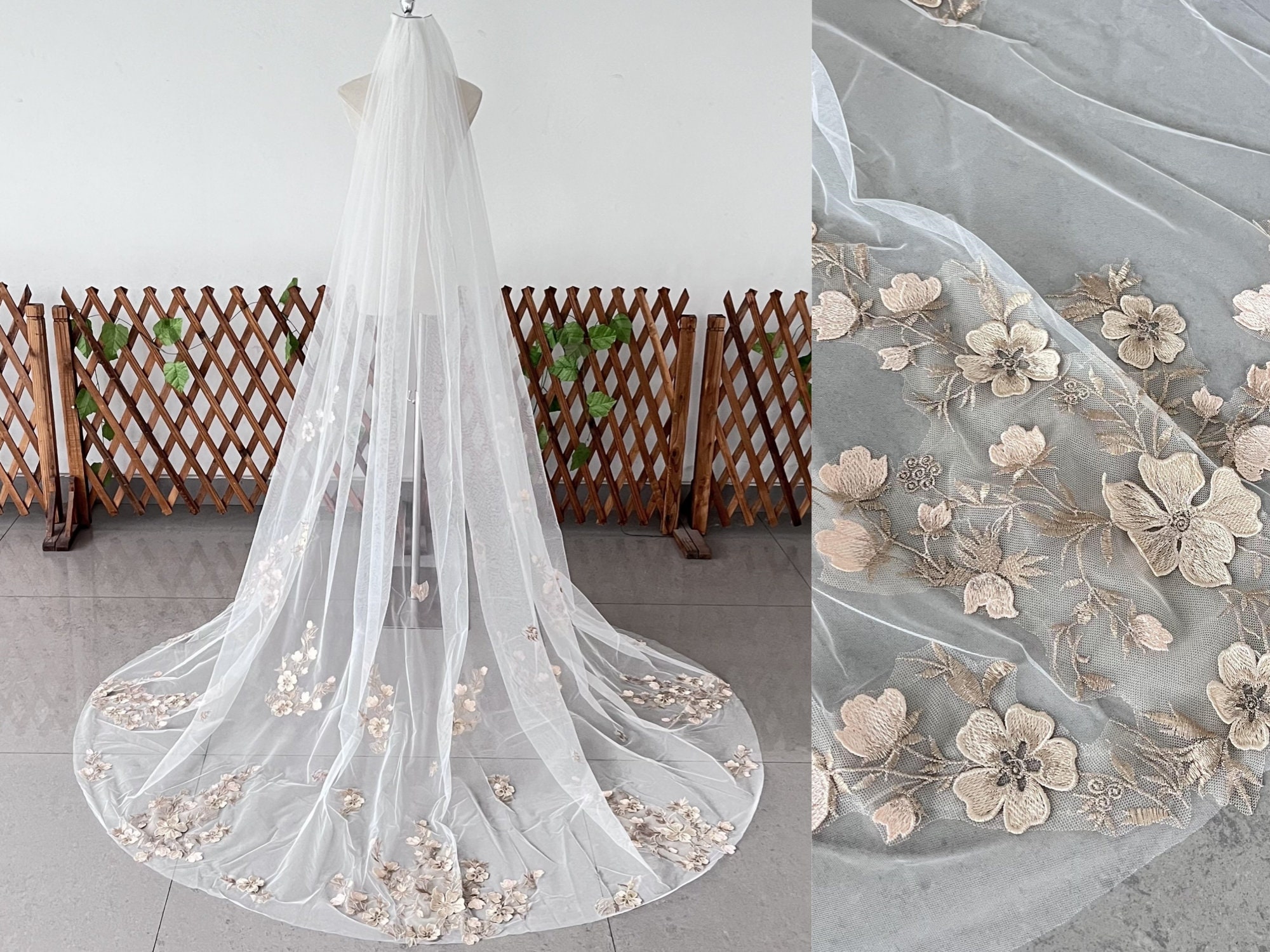 Mariarosa – Floral scalloped lace Cathedral veil - Free blusher