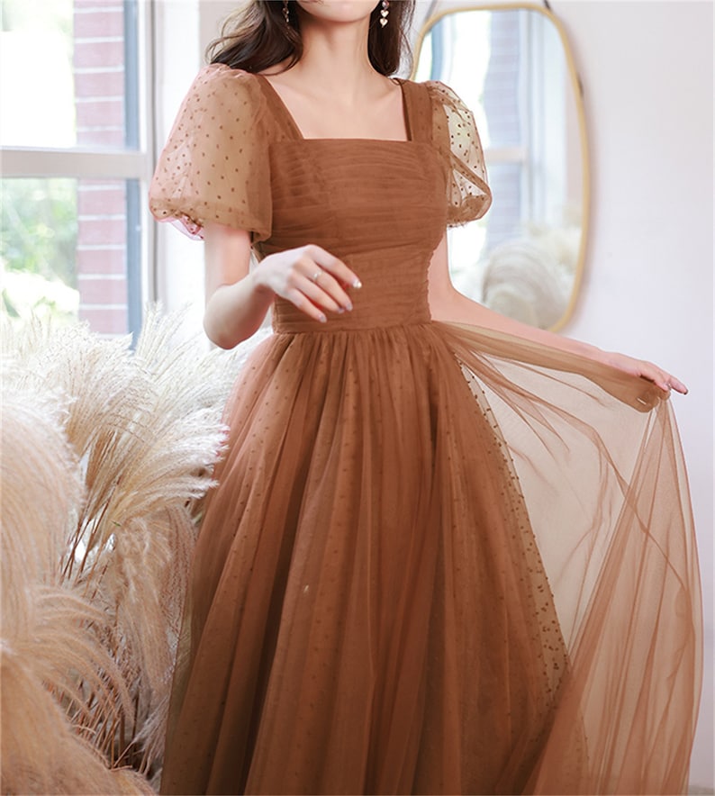 Caramel Prom Dress Long Custom Dress Short Puffy Sleeve Fairy Etsy