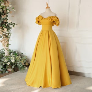 Yellow satin prom dress long Off-shoulder ball gown Yellow wedding dress Princess bridal dress Yellow formal dress Yellow A-line dress
