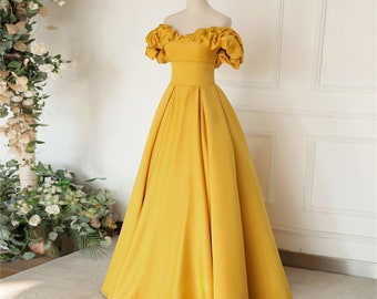 Yellow satin prom dress long Off-shoulder ball gown Yellow wedding dress Princess bridal dress Yellow formal dress Yellow A-line dress