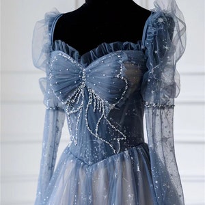 Blue prom dress long Fairy ball gown dress Long sleeves prom dress Sparkle rhinestone dress Romantic star print evening dress Crossed straps image 2