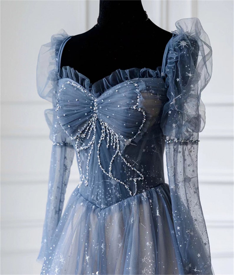 Blue prom dress long Fairy ball gown dress Long sleeves prom dress Sparkle rhinestone dress Romantic star print evening dress Crossed straps image 2