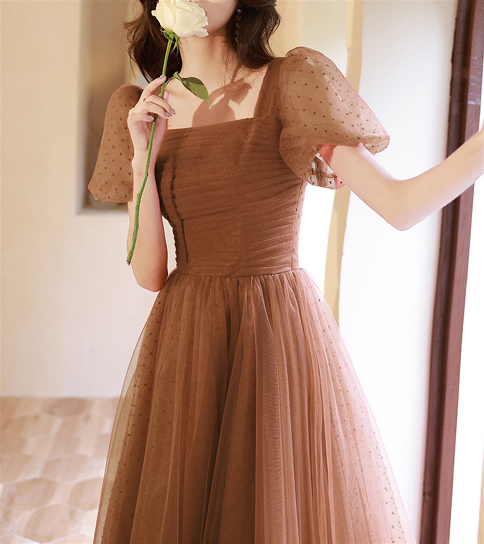 Caramel Prom Dress Long Custom Dress Short Puffy Sleeve Fairy Etsy