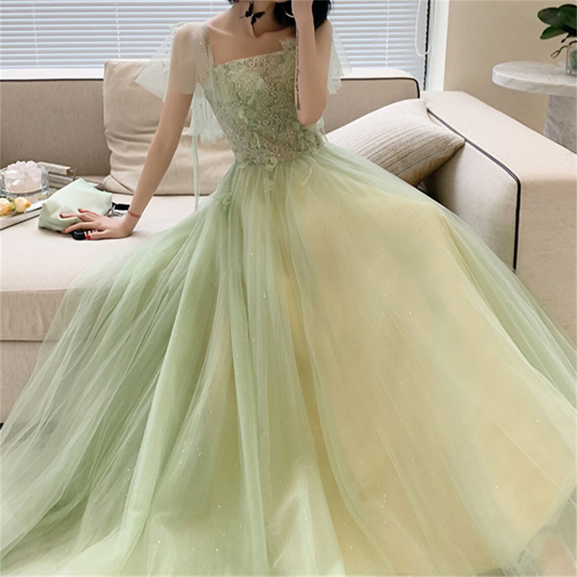 Green Prom Dress Long Lace Floral Top Prom Dress Bridal Gown Etsy