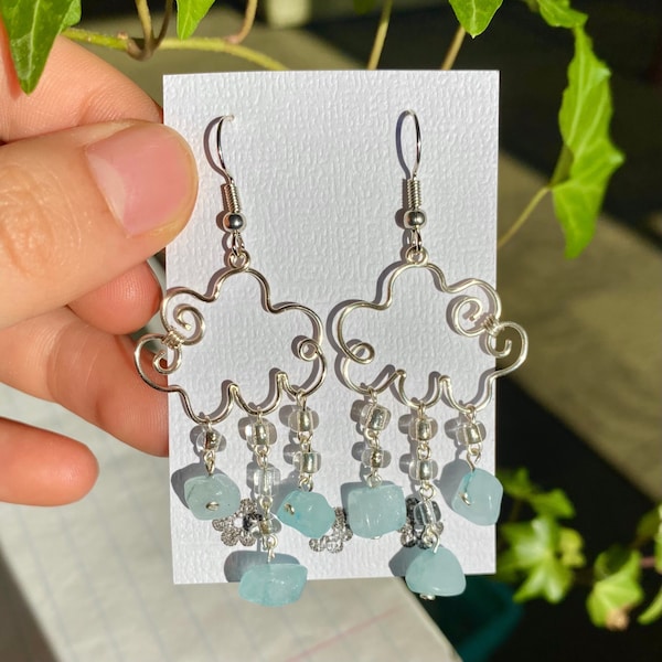 dangling cloud earrings | wire cloud earrings, elegant nature earrings, raindrop earrings, dyed blue quartz, silver dangles, unique gift