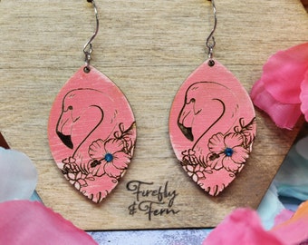 Tropical Flamingo 2 with Tropical Flowers Earring File - Digital Laser File - PDF - SVG (Digital File Only) Glowforge Laser Cut Jewelry