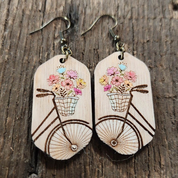 Vintage Bike Floral Basket Earrings - Digital Laser File - PDF - SVG (Digital File Only) Laser Cut Jewelry