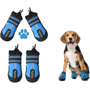 4 peças de calçados elásticos para cães STALFY, sola aderente e curvatura entre tornozelo e sapato, protetores de patas para calor e neve, botas para cães para patas machucadas
