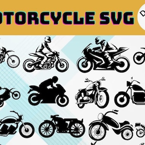 Könnte beinhalten: Ein Set mit 10 schwarzen und weißen Motorrad-Silhouetten-SVG-Designs. Die Designs zeigen verschiedene Motorradstile, darunter Cruiser, Sportbikes und Dirtbikes.