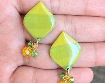 Green and Yellow Dangle Earring | Handmade Clay Earring | Party Wear