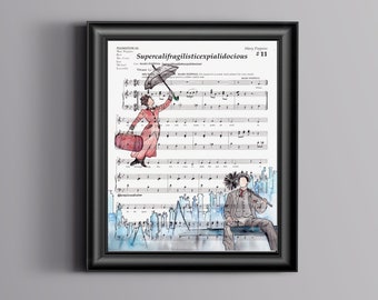 Op de afbeelding: Een aquarel-illustratie van Mary Poppins en Bert, de schoorsteenveger, uit de film Mary Poppins. De illustratie is over een blad met muziek voor het lied "Supercalifragilisticexpialidocious" gelegd.