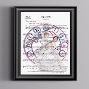 May include: A framed art print displaying sheet music with the title "Impossible" and a watercolour illustration of a dancing couple. The artwork includes the text "No. 8" and a circular design with Roman numerals and symbols.