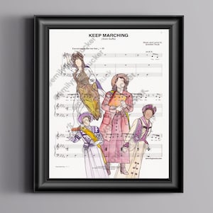 Może przedstawiać: Aquarela przedstawiająca cztery kobiety w strojach vintage, nałożona na kartkę z nutami zatytułowaną "Keep Marching" (z Suffragette).