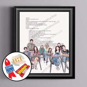 May include: A watercolour illustration of a group of people sitting at desks in a classroom. The image is a print of a scene from the musical "Mean Girls". The text in the image is a quote from the character "Shelly" from the musical. The quote reads: "judging by everything I know, I mean, I think I'm probably gonna be super stressed, but I don't know if I'm like, fully equipped to know that just somebody's right there, that's kinda like, our teacher, or whatever, I think we're all different to laugh..."