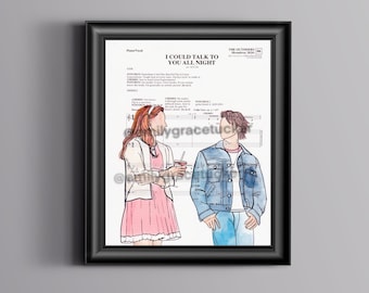 Puede incluir: Impresión enmarcada con una ilustración en acuarela de dos figuras, una mujer con un vestido rosa y un hombre con una chaqueta vaquera, sobre un fondo de partituras. El texto "I COULD TALK TO YOU ALL NIGHT" es visible.