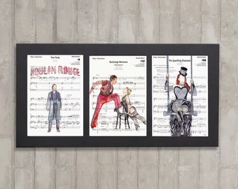 May include: Three framed musical scores with hand-painted illustrations. The first score is titled "Your Song" and features a man in a black coat and white shirt. The second score is titled "Backstage Romance" and features a man in a red and black outfit and a woman in a white dress. The third score is titled "The Sparkling Diamond" and features a woman in a black and white outfit on a swing.