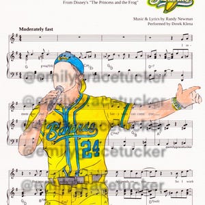 May include: Sheet music for "Almost There" from Disney's "The Princess and the Frog." The illustration features a person in a yellow baseball jersey with the word "Bananas" and the number 24. The music is for piano and vocal.