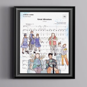 May include: A watercolor illustration of the cast of the musical "Kimberly Akimbo" on a sheet music background. The musical is by David Lindsay-Abaire and music by  Jeanine Tesori. The illustration features the characters in various poses, including a group of four characters dancing, a character driving a car, and a character sitting in a chair. The illustration is in a black frame.