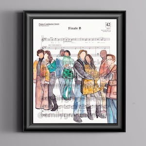 May include: A framed print featuring a watercolor illustration of people on sheet music. The artwork depicts figures in various outfits, with the text "Finale B" at the top. The frame is black.