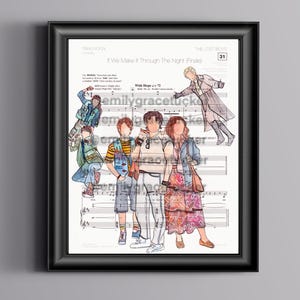 May include: Framed print featuring sheet music with illustrations of characters from "The Lost Boys." The artwork includes the text "If We Make It Through The Night (Finale)" and a number "31." The characters are depicted in a colorful, sketched style.